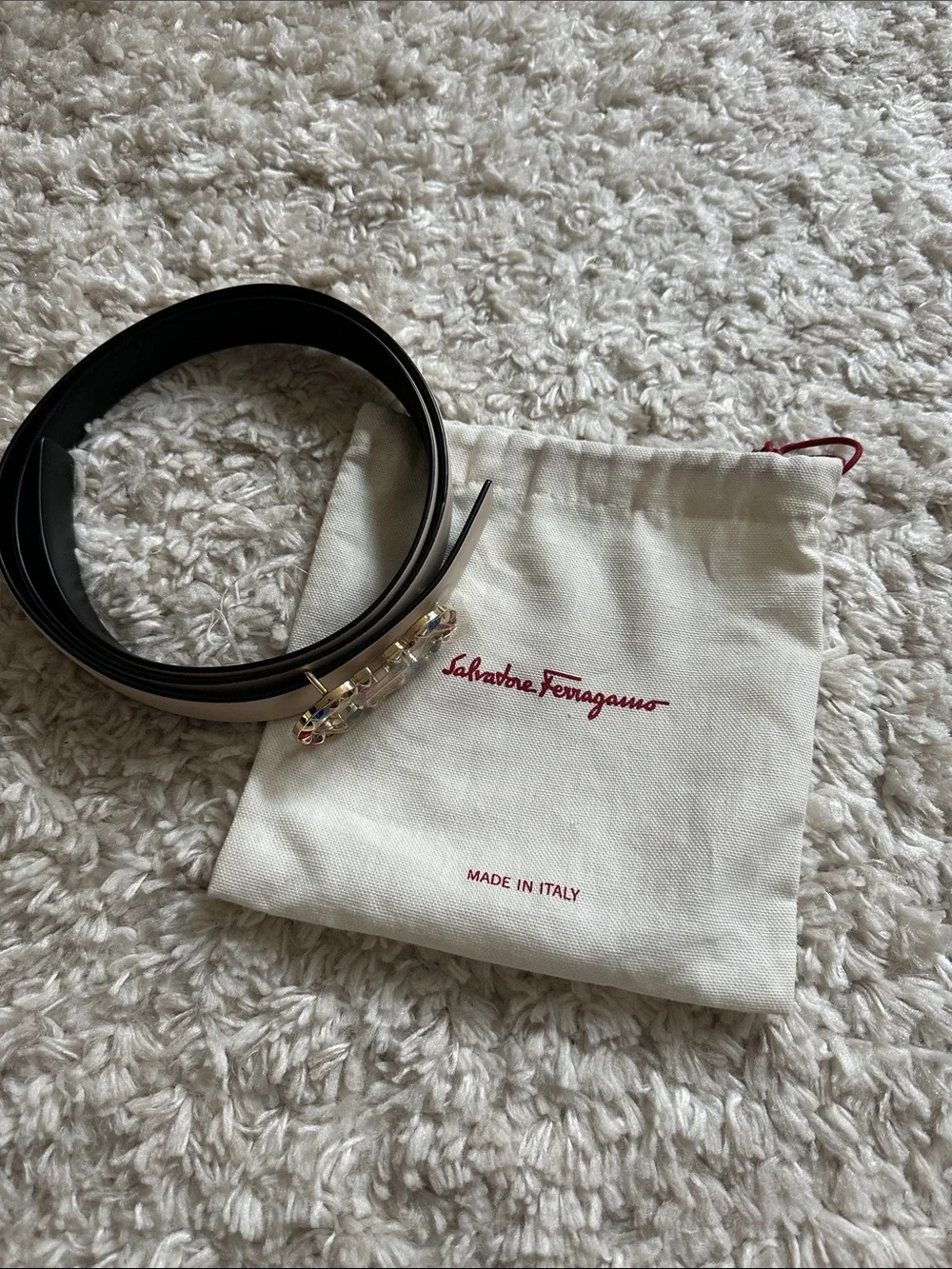 Salvatore Ferragamo Cream Leather Belt with Multicolor Jeweled Gancini Buckle